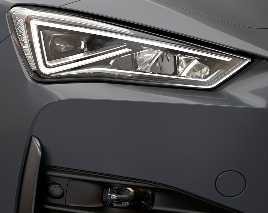 LED headlight of the new CUPRA Leon Estate e-HYBRID Family Sports Car in graphene