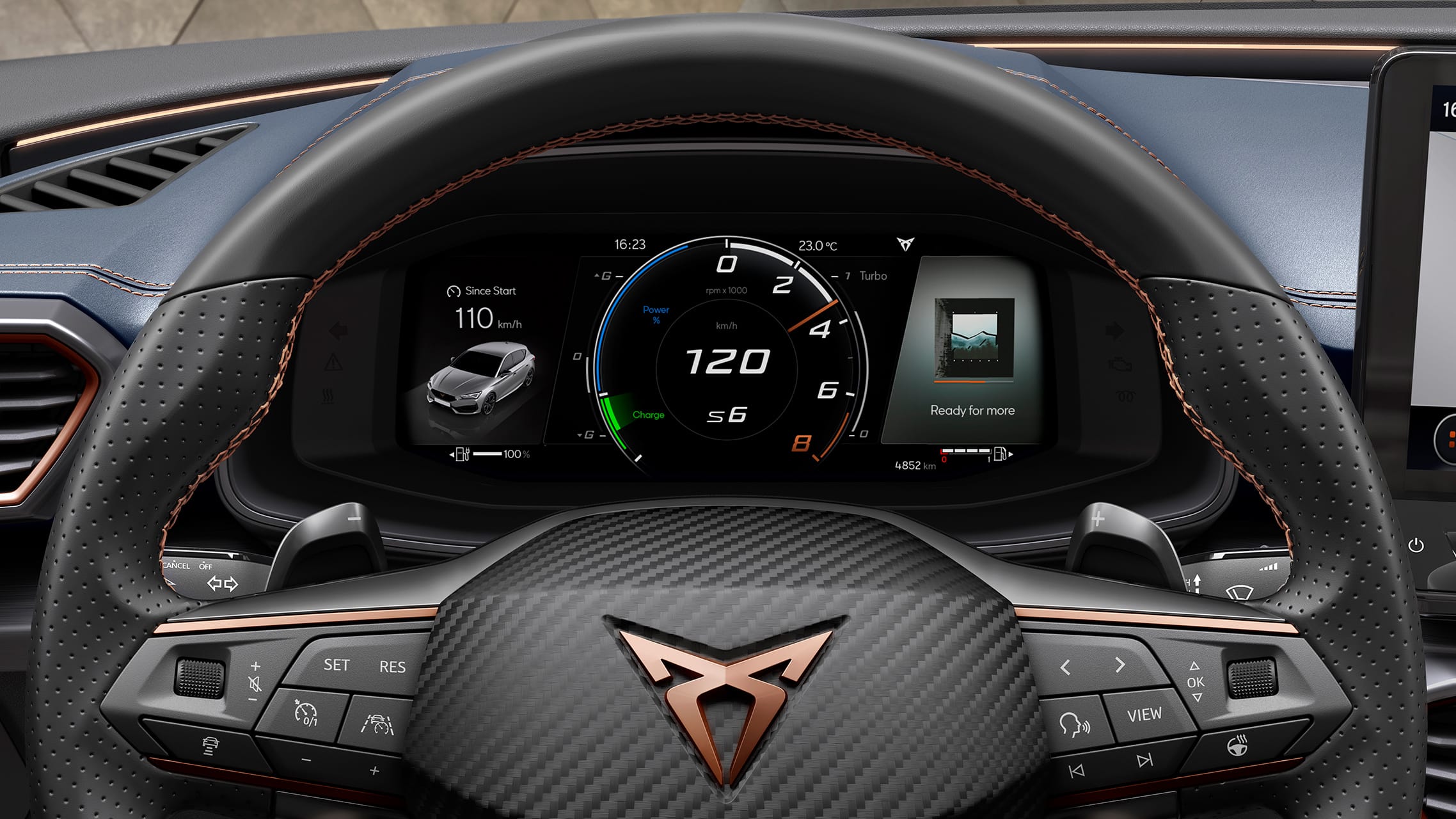 new CUPRA Leon ehybrid compact sports car interior view of digital cockpit with 10.25” touchscreen