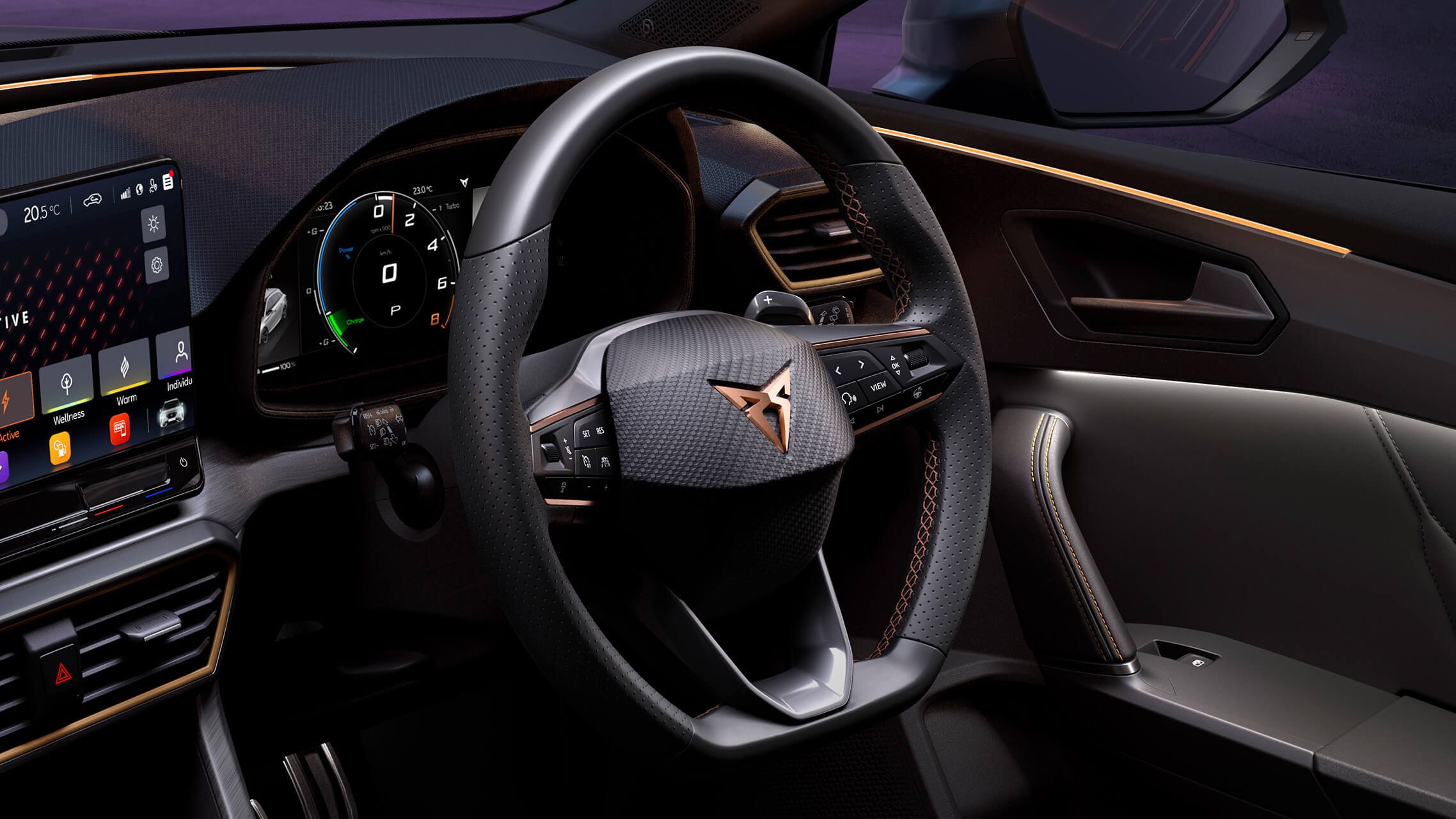 new CUPRA Leon ehybrid compact sports car interior view of leather steering wheel with driving profile mode button